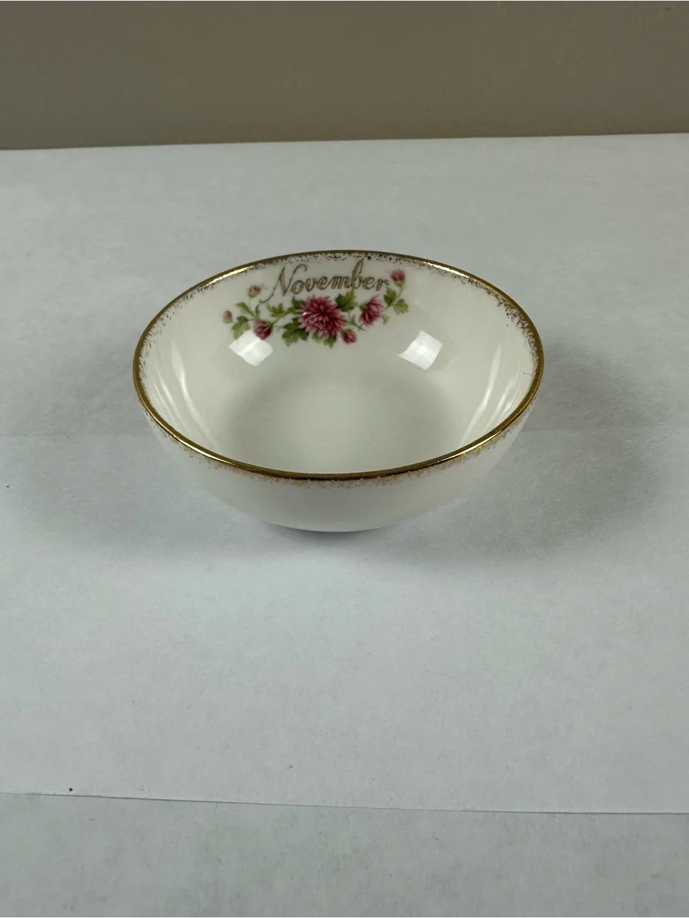 Royal Albert White Porcelain Bowl with Pink Floral and Gold Trim- November